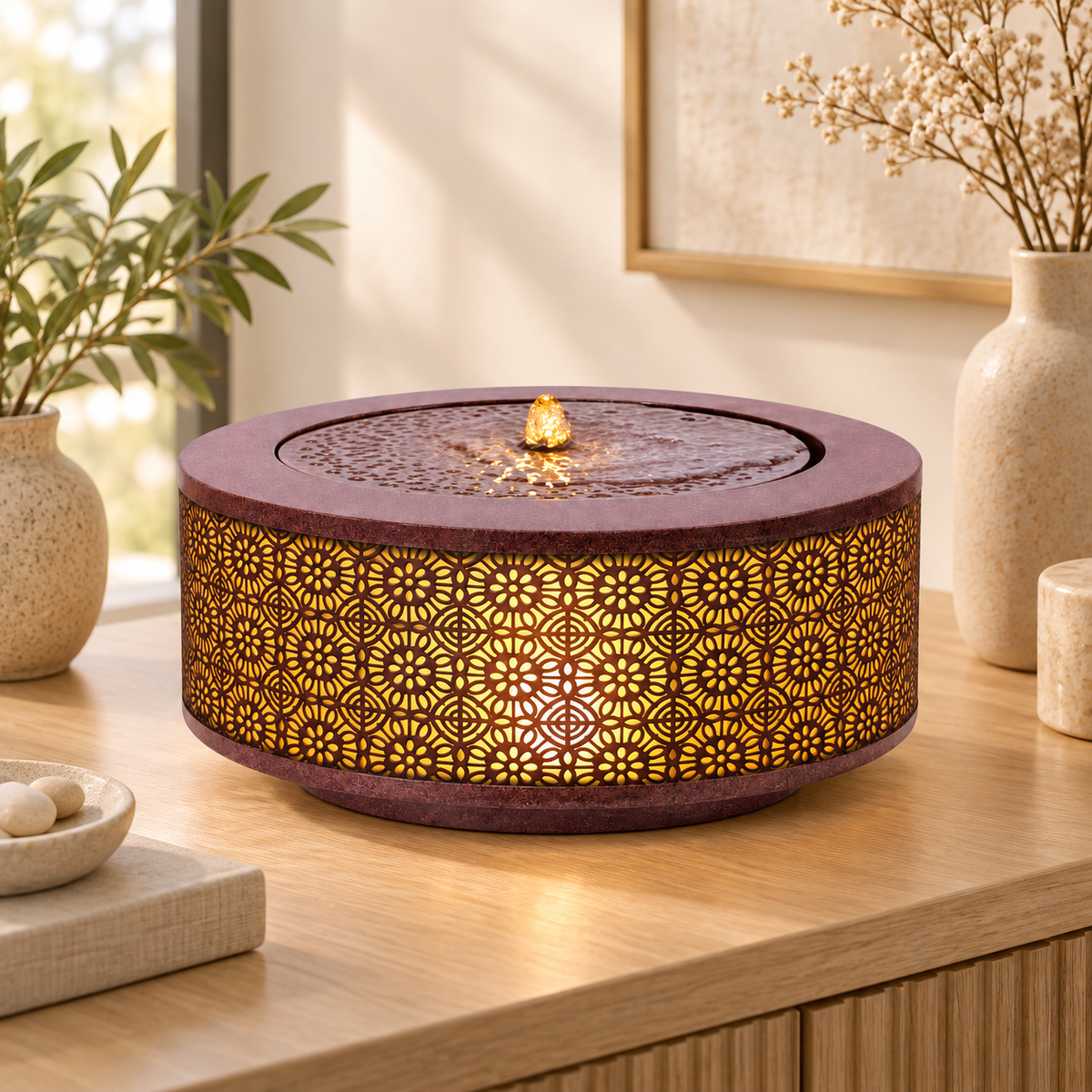 Statement home decor with an illuminated indoor fountain