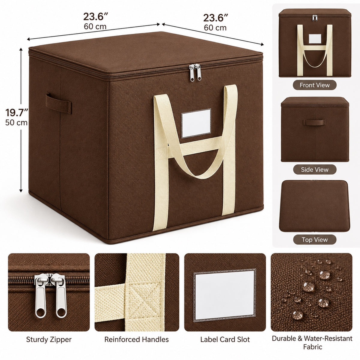 Brown storage bag dimensions and features