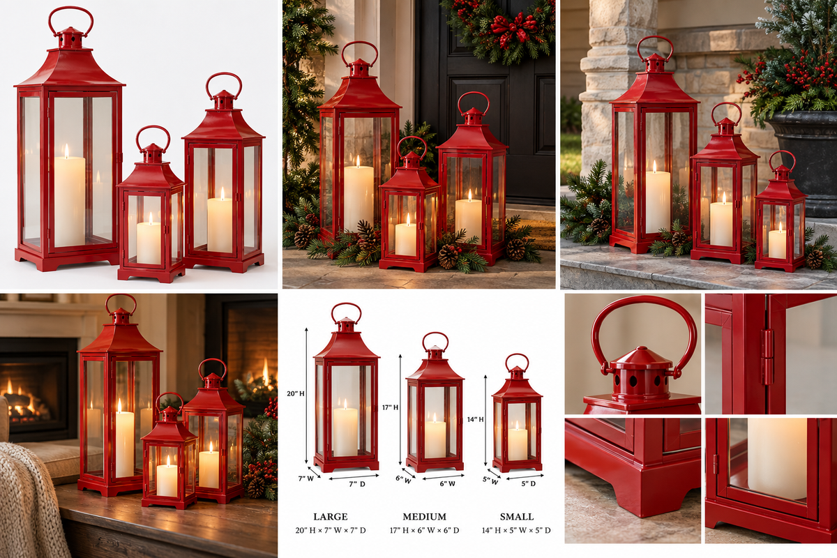 Red metal lantern set of three lifestyle and detail images