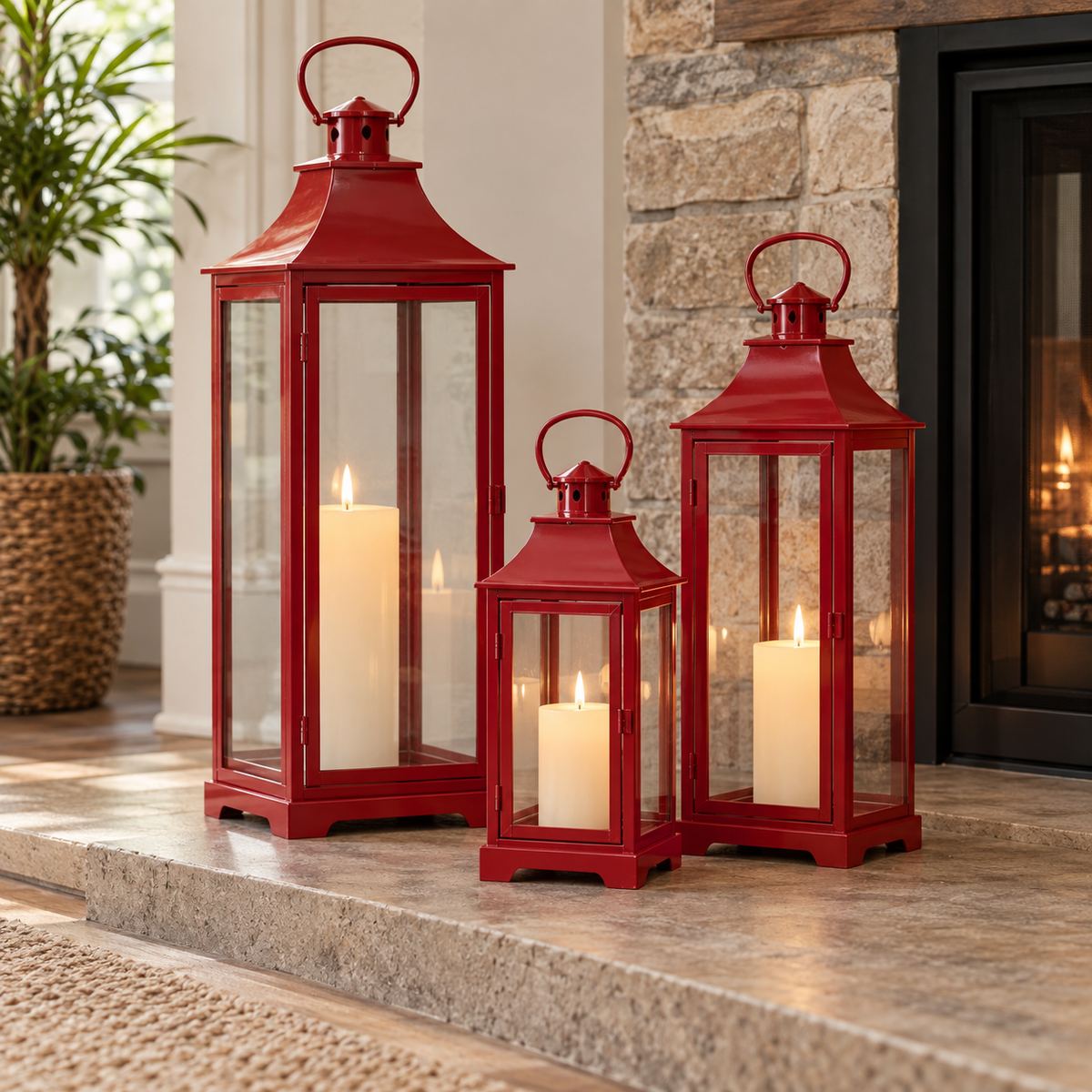 Red metal lantern set of three styled by a fireplace