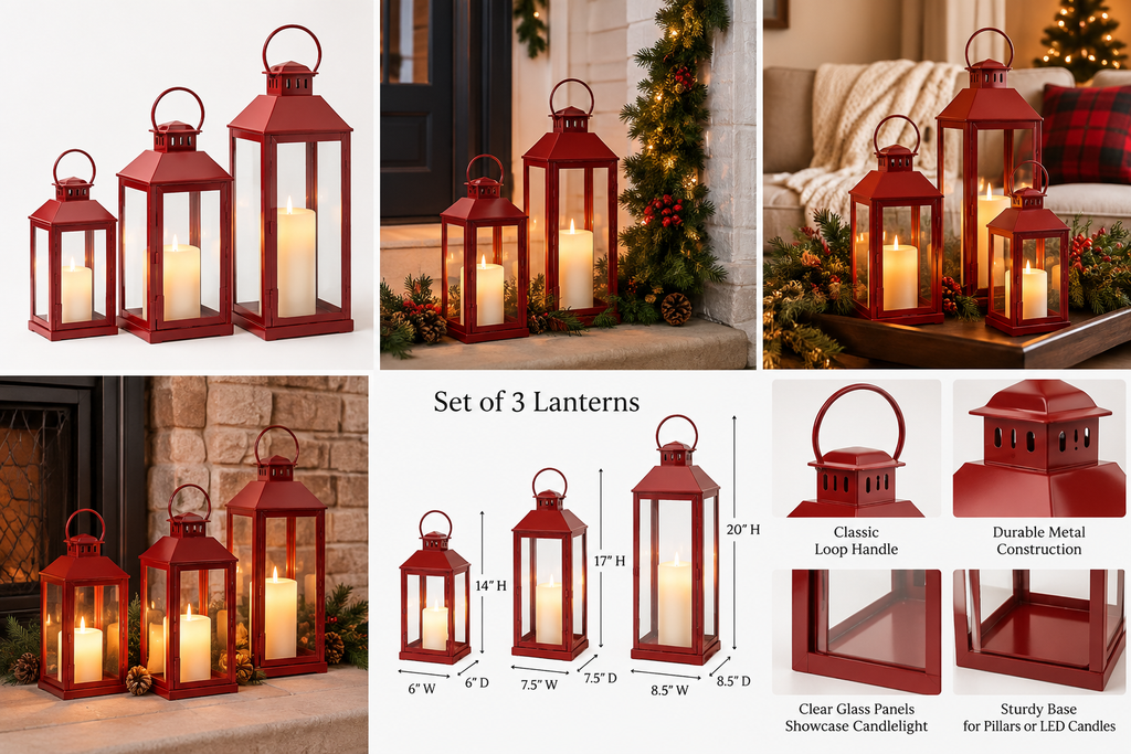 Red metal lantern set of three product details and dimensions