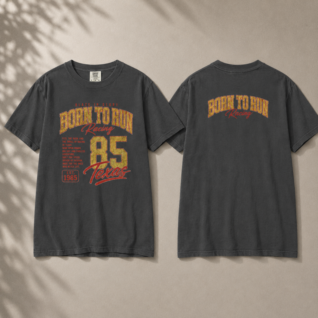 Black t-shirt with 'Born to Run' and '85 Texas' text on a beige background