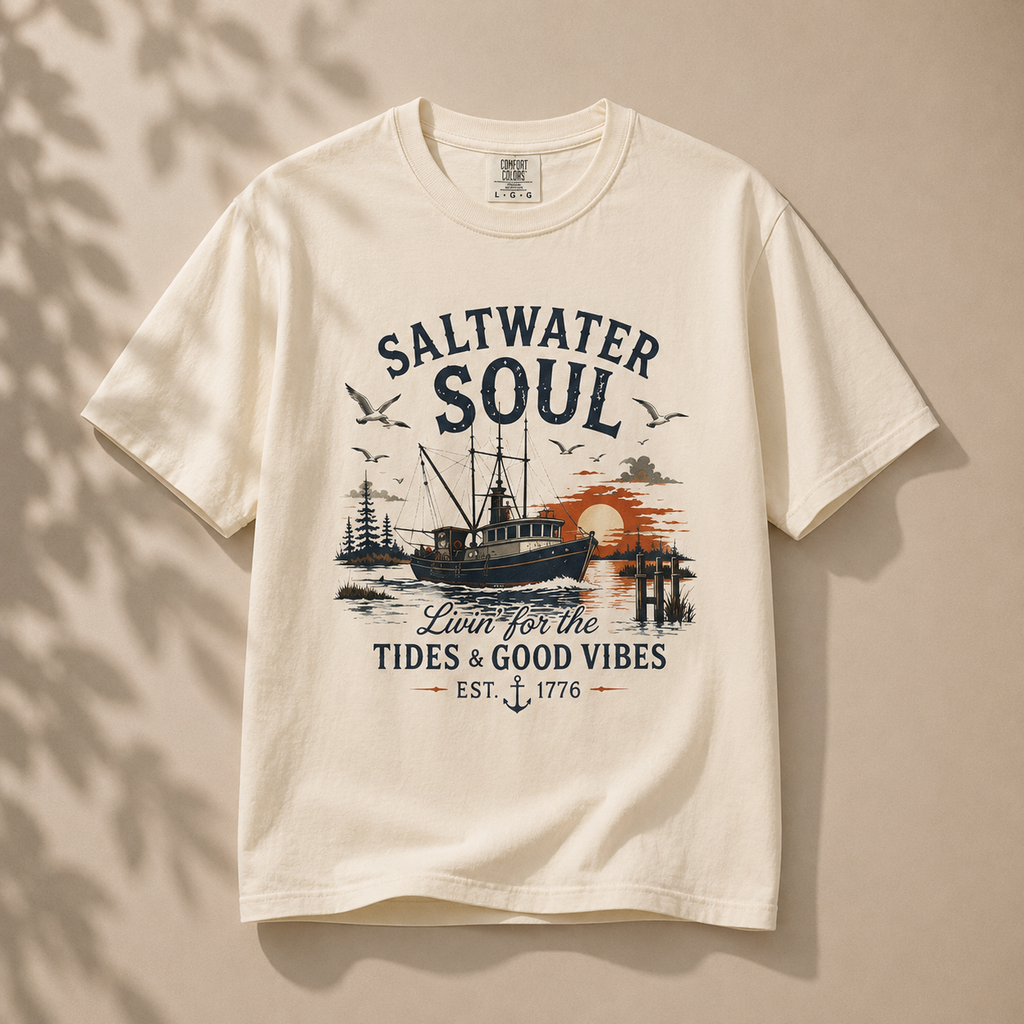 An off-white short-sleeve t-shirt with a vintage-style 'Saltwater Soul' nautical graphic, displayed against a warm beige background with soft leaf shadows.