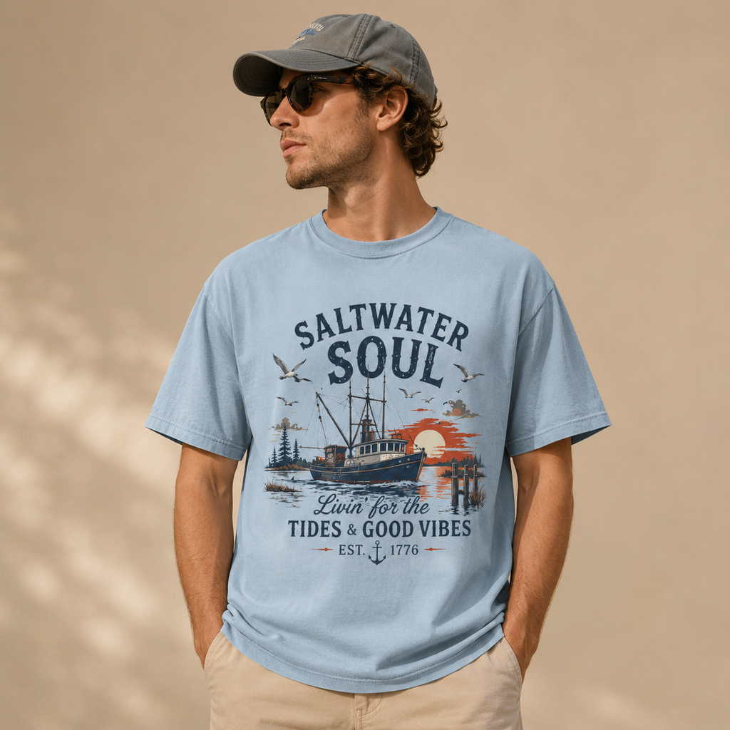 A man wearing a light blue graphic t-shirt with a 'Saltwater Soul' fishing boat sunset print, paired with a gray baseball cap and sunglasses, set against a warm beige background.