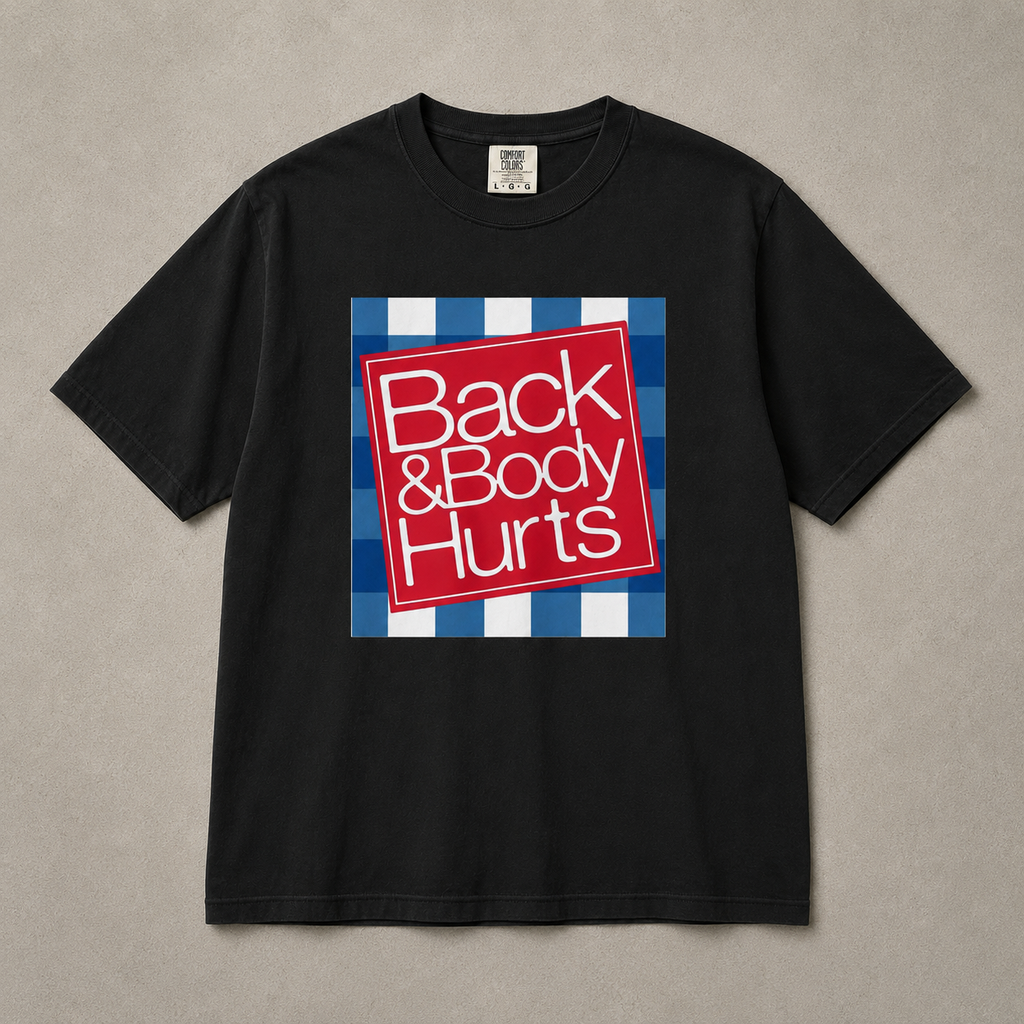 Black t-shirt with a red and white graphic and text on a beige background