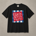 Black t-shirt with a red and white graphic and text on a beige background