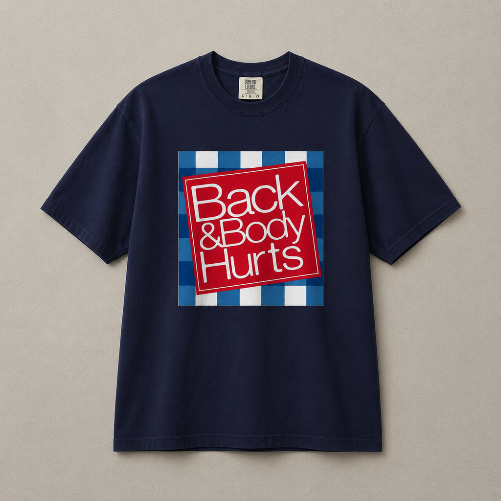 Navy blue t-shirt with a red and white graphic and text on a beige background