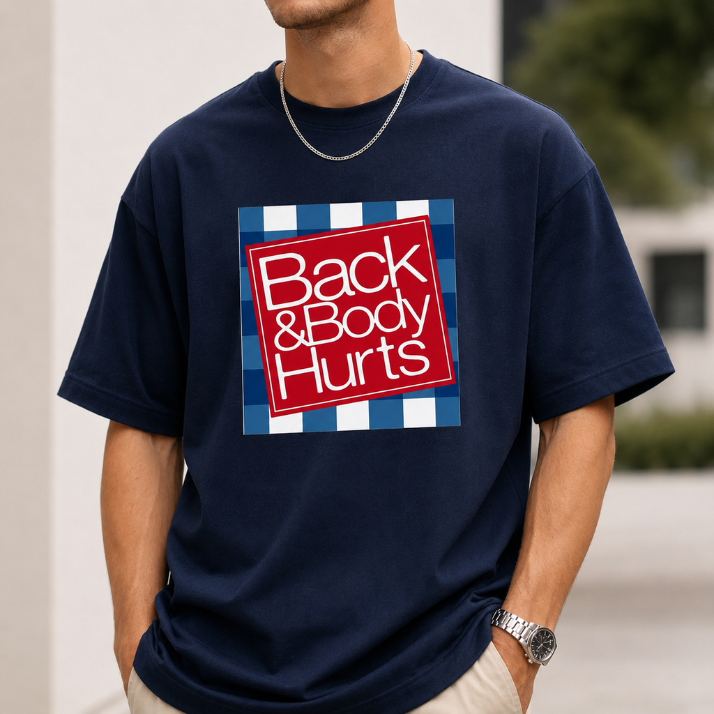 Person wearing a navy blue t-shirt with a red and white graphic design.
