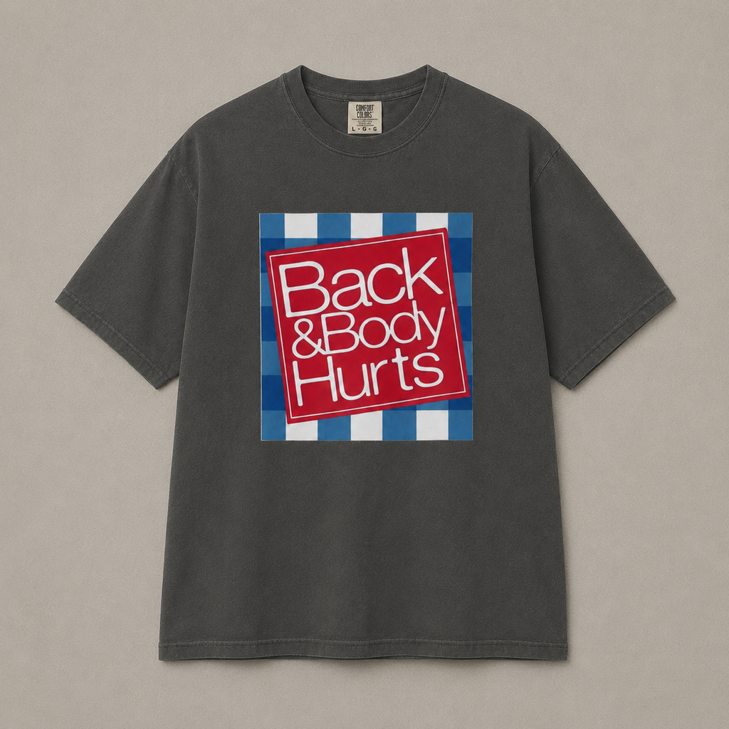 Gray t-shirt with a red and blue graphic and text on a beige background