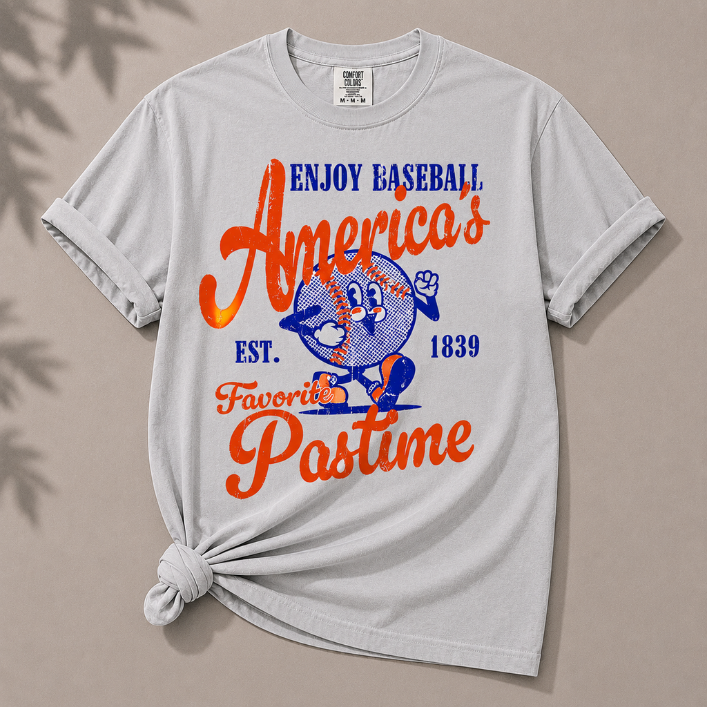 Gray t-shirt with colorful baseball graphic and text on a beige background