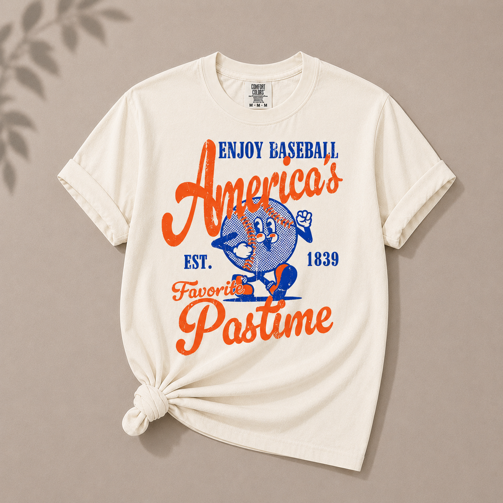 White t-shirt with baseball-themed graphic and text on a beige background