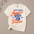 White t-shirt with baseball-themed graphic and text on a beige background