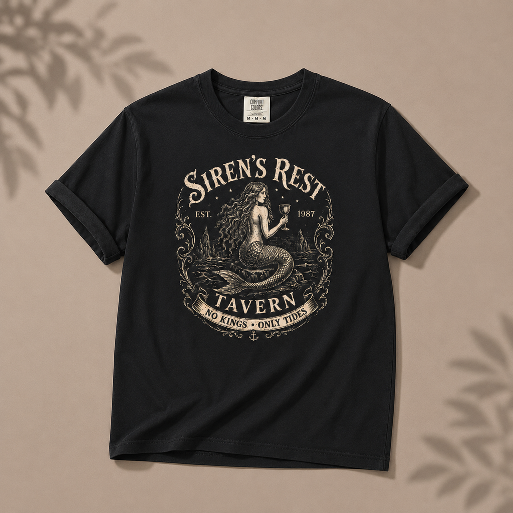 Black t-shirt with 'Siren's Rest Tavern' graphic on a beige background