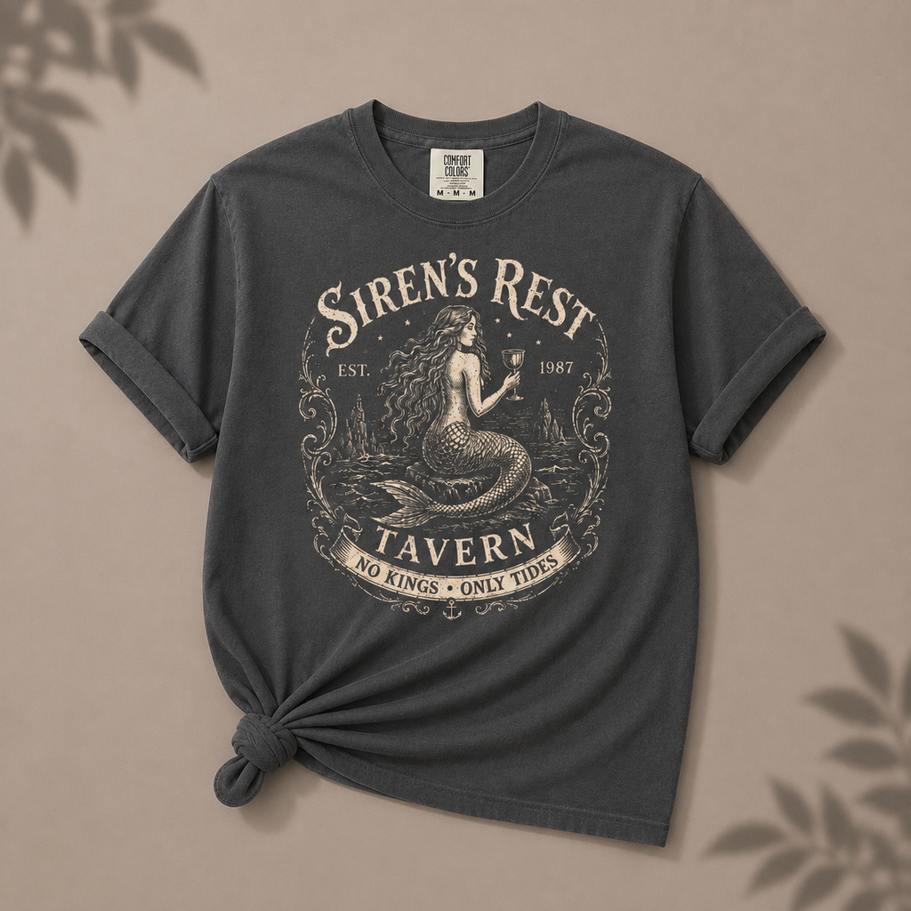 Dark gray t-shirt with 'Siren's Rest Tavern' graphic on a beige background