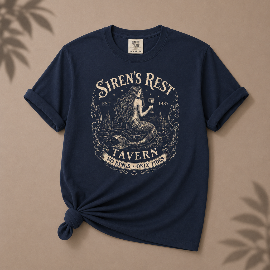 Navy blue t-shirt with 'Siren's Rest Tavern' graphic on a beige background