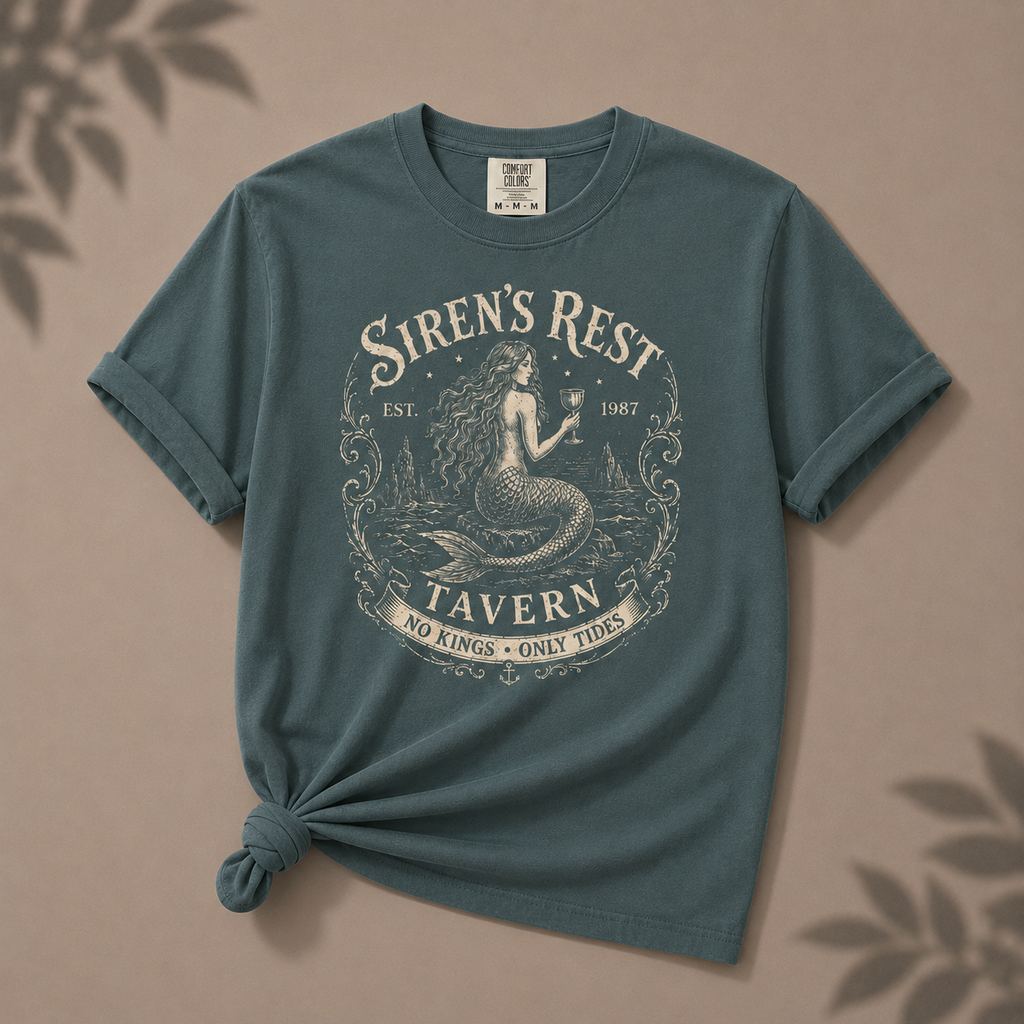 Teal t-shirt with 'Siren's Rest Tavern' design on a brown background