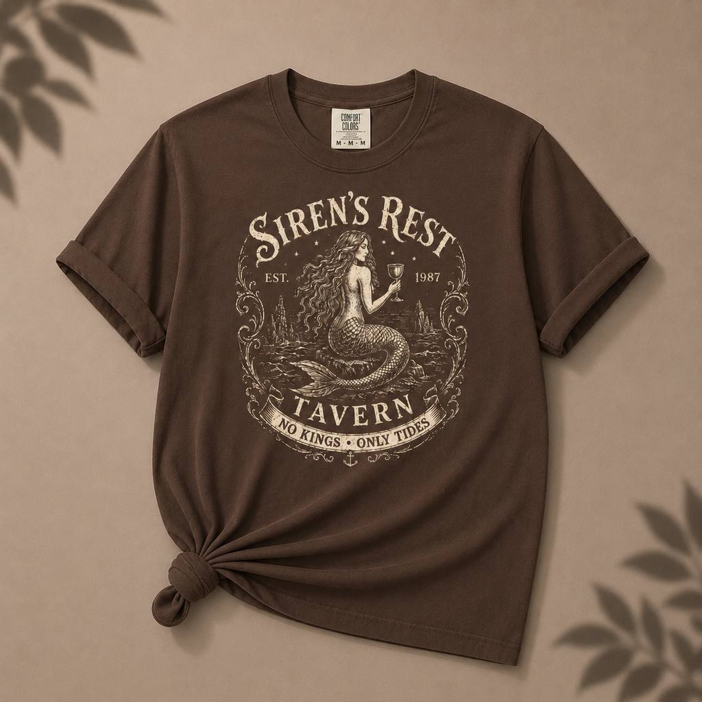 Brown t-shirt with 'Siren's Rest Tavern' graphic on a beige background