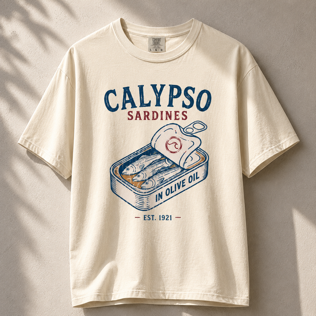 Beige t-shirt with 'Calypso Sardines' graphic design on a beige background