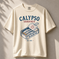 Beige t-shirt with 'Calypso Sardines' graphic design on a beige background