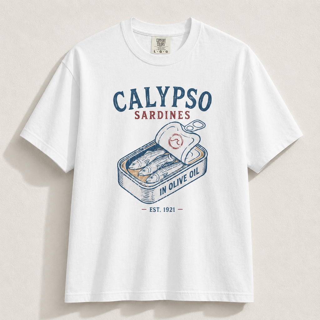 White t-shirt with 'Calypso Sardines' graphic design on a beige background
