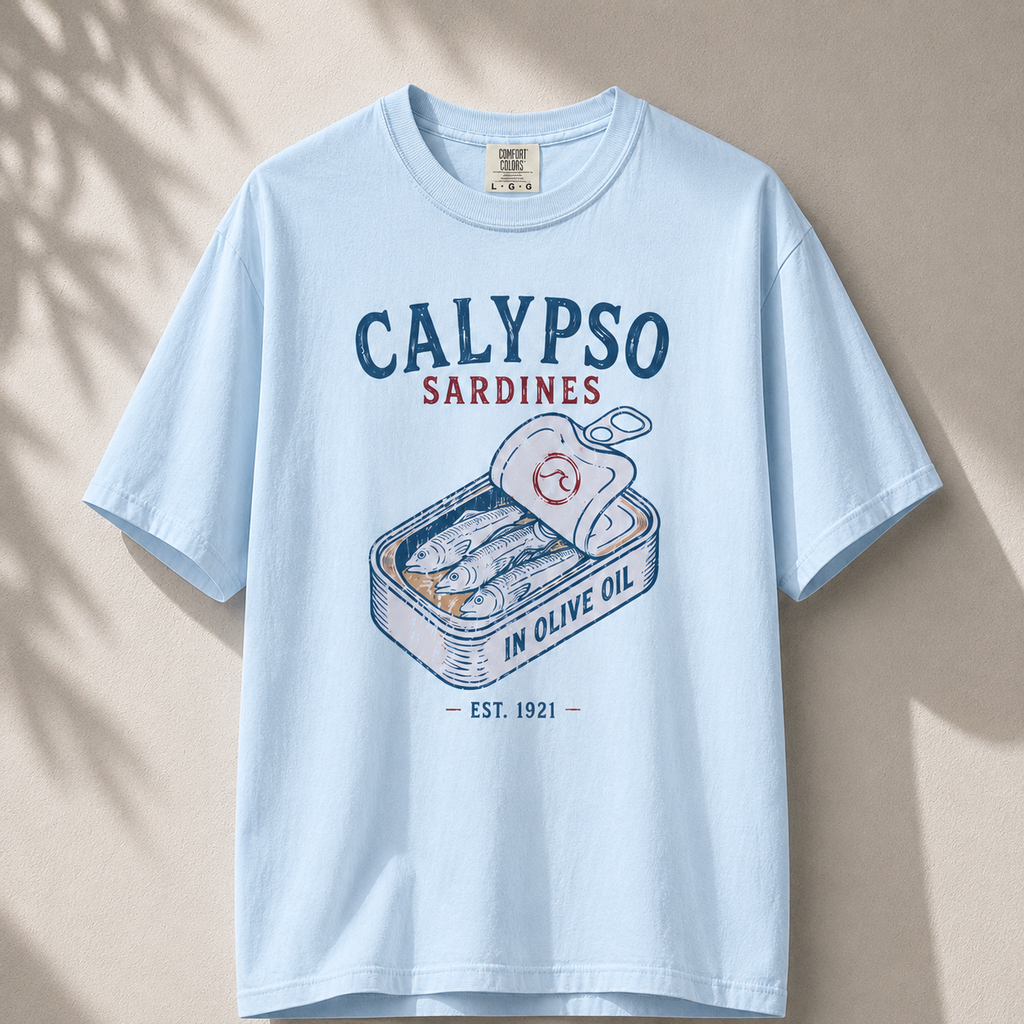 Light blue t-shirt with 'Calypso Sardines' graphic on a beige background