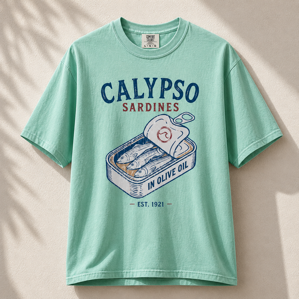 Light blue t-shirt with 'Calypso Sardines' graphic on a beige background