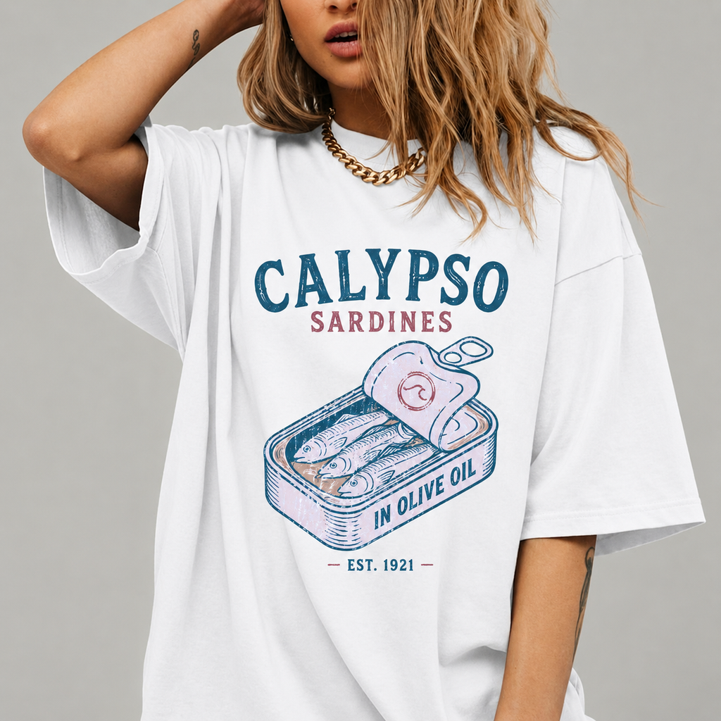 Person wearing a white t-shirt with 'Calypso Sardines' graphic design on a gray background