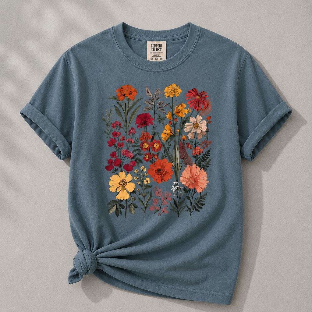 Blue t-shirt with floral design on a gray background
