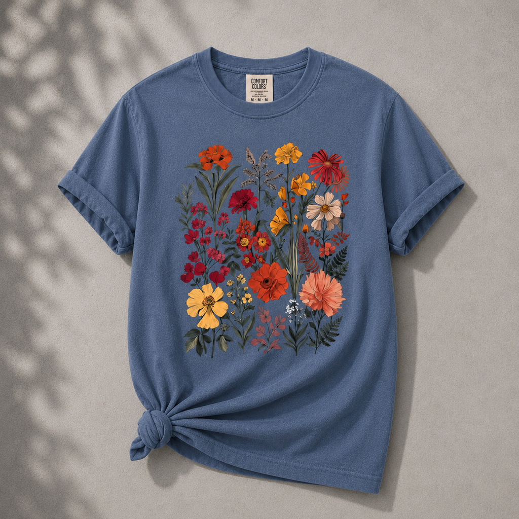 Blue t-shirt with colorful floral design on a gray background