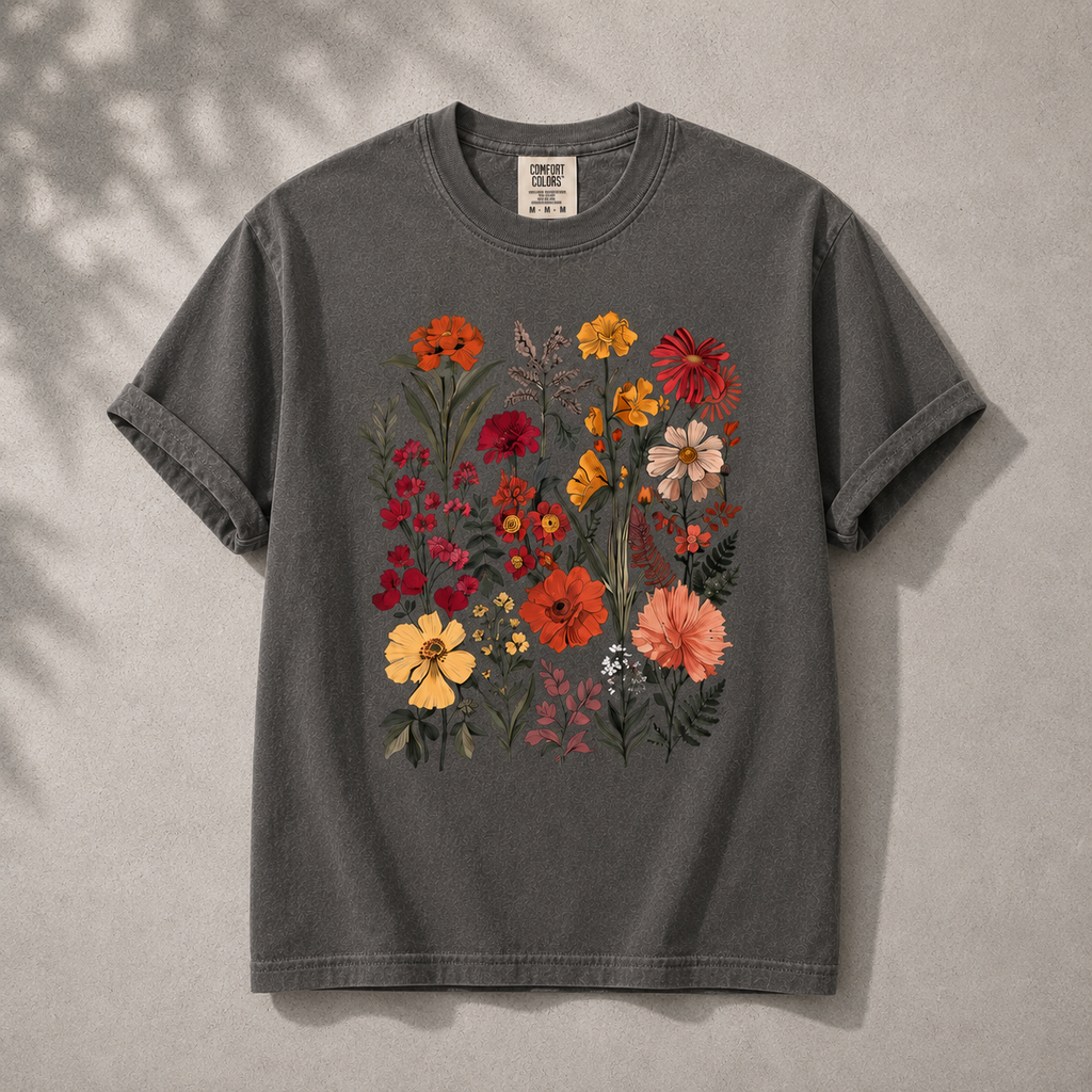 Gray t-shirt with floral design on a beige background