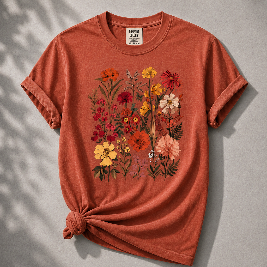 Red t-shirt with floral design on a gray background