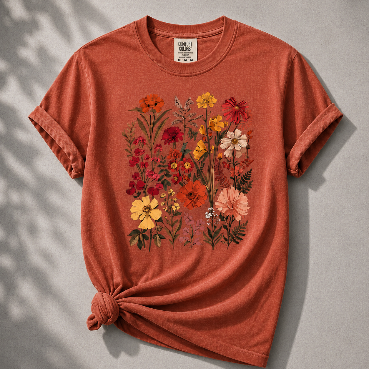 Red t-shirt with floral design on a gray background