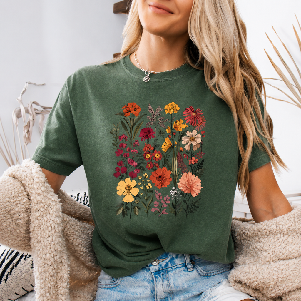 Person wearing a green t-shirt with floral embroidery sitting on a couch.