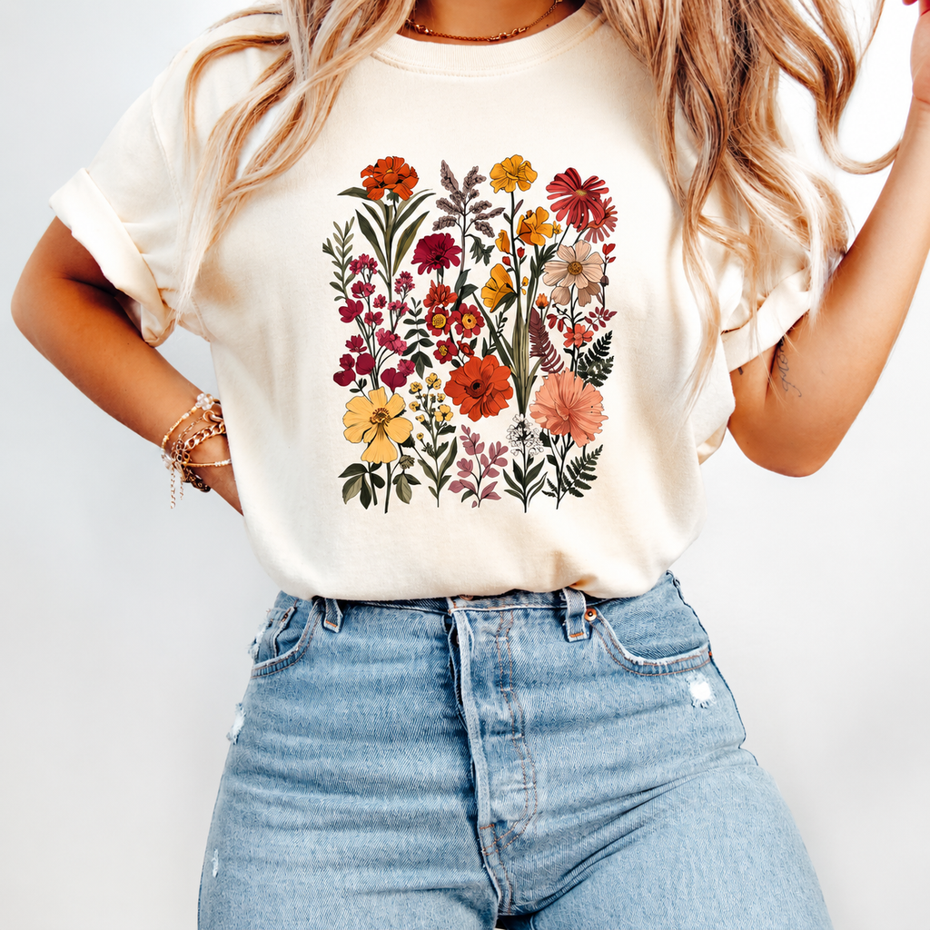 Person wearing a white t-shirt with a colorful floral design and blue jeans on a light gray background