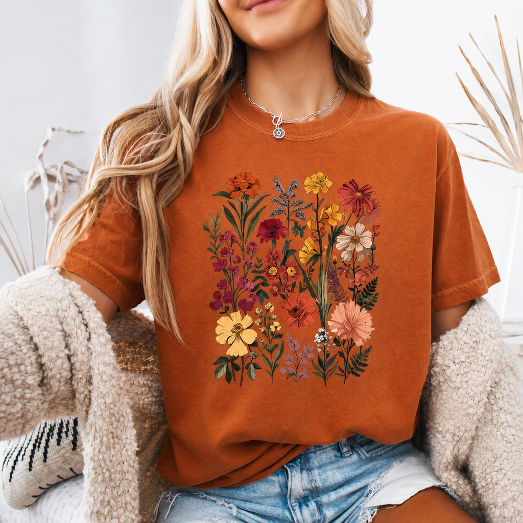 Person wearing an orange t-shirt with floral design, sitting indoors.