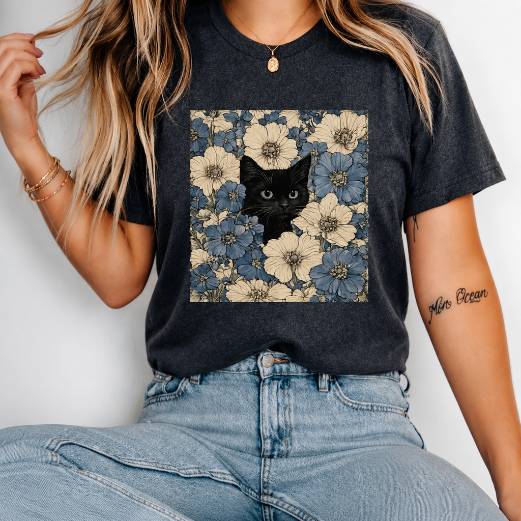 Person wearing a black t-shirt with a floral design featuring a black cat.