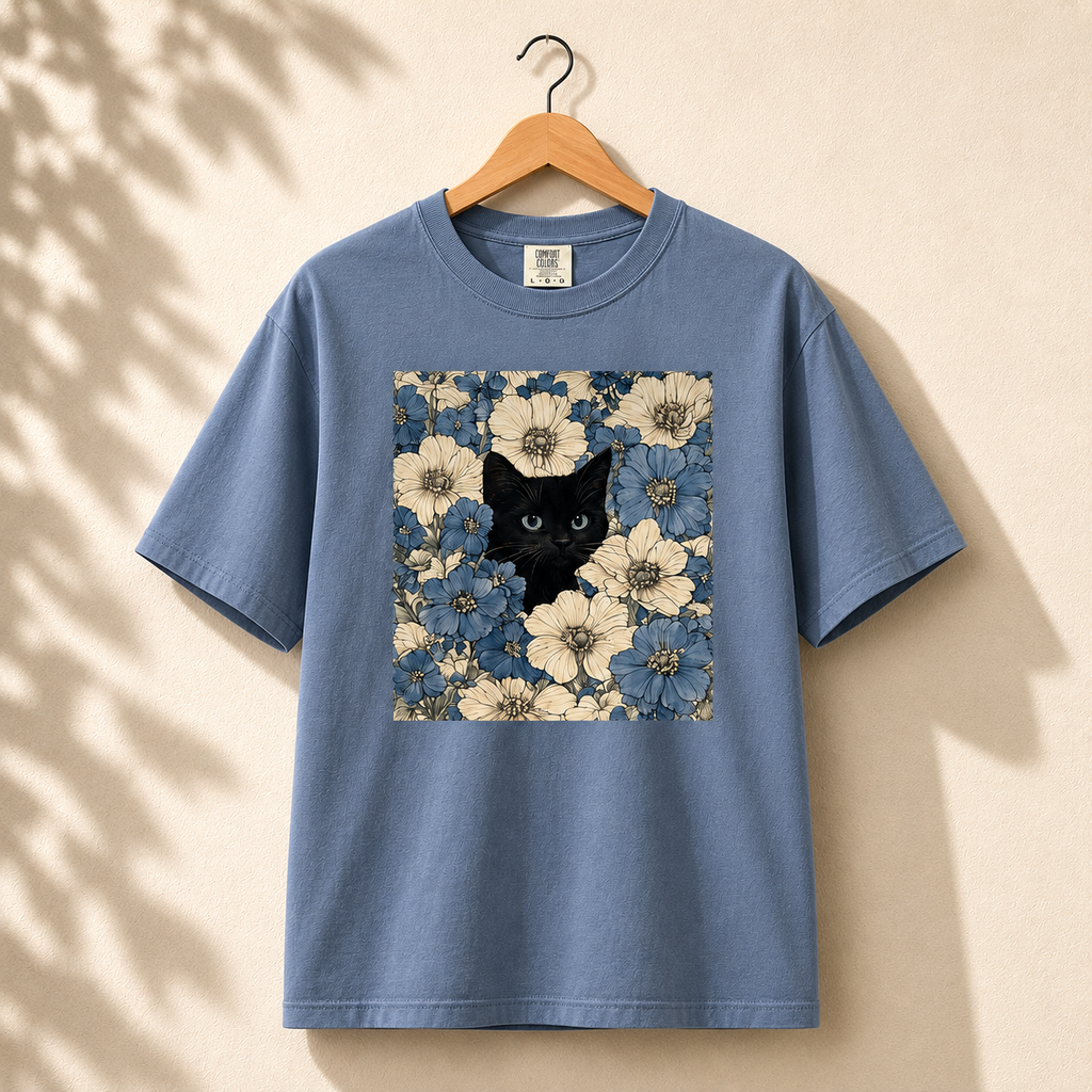 Blue t-shirt with a black cat and floral design on a beige background