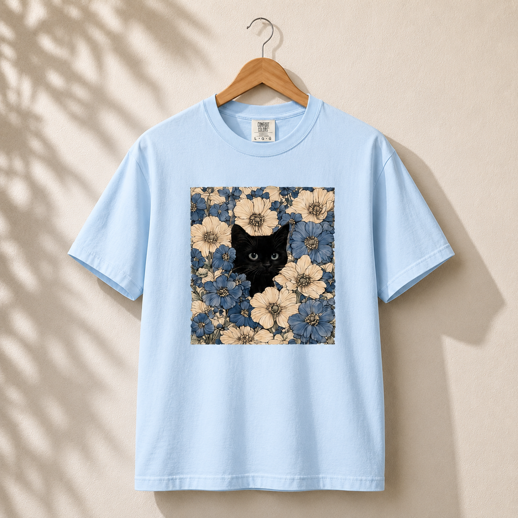 Light blue t-shirt with a black cat surrounded by flowers on a beige background