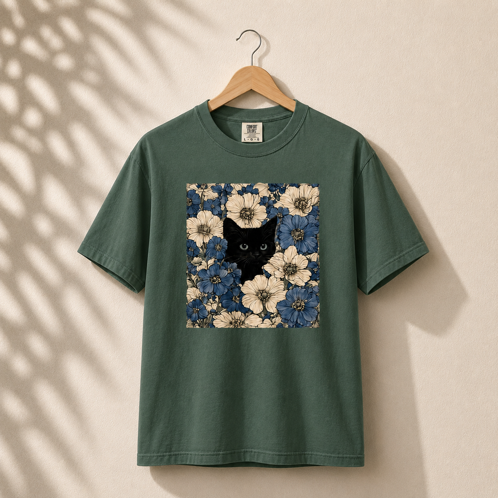 Green t-shirt with a black cat and floral design on a beige background