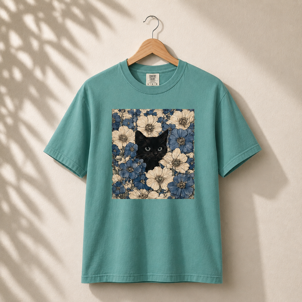 Teal t-shirt with a black cat and floral design on a beige wall.