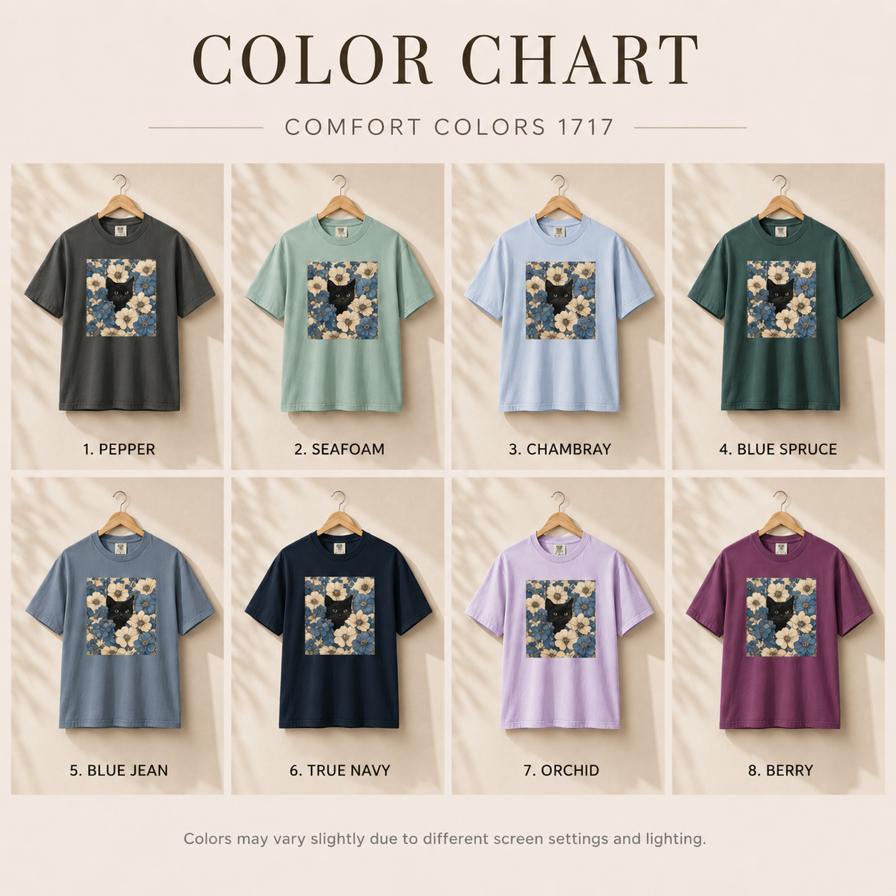 Color chart for Comfort Colors 1717 t-shirts with floral design on a beige background.