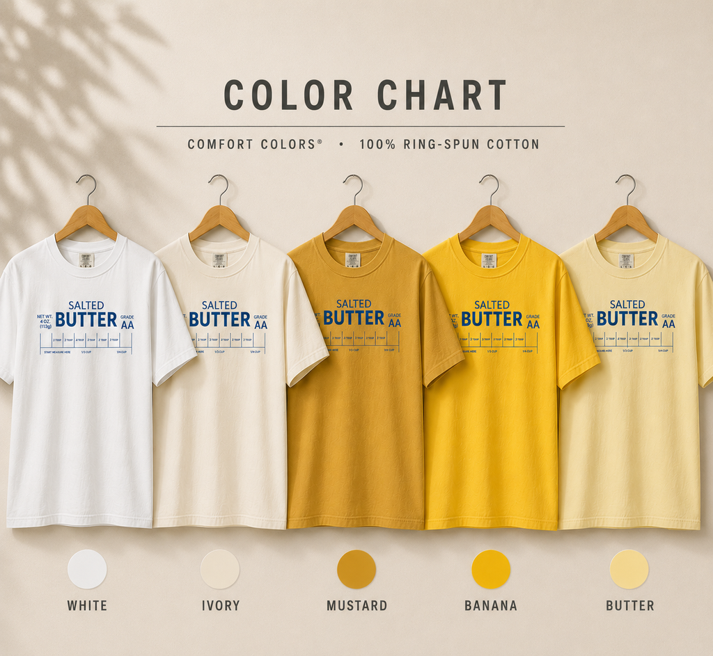 Color chart of t-shirts in white, ivory, mustard, banana, and butter with 'Salted Butter' text.