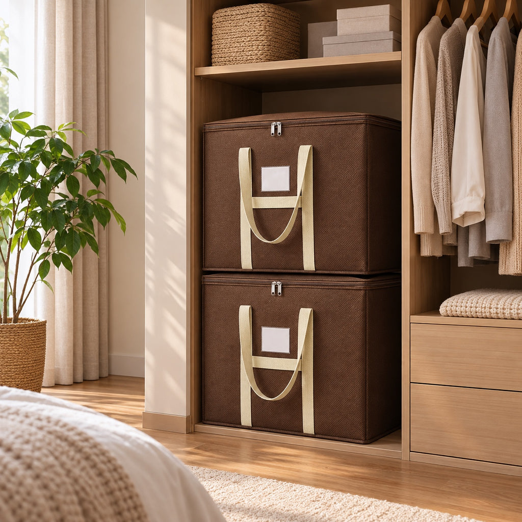 Two brown storage bags stacked in closet