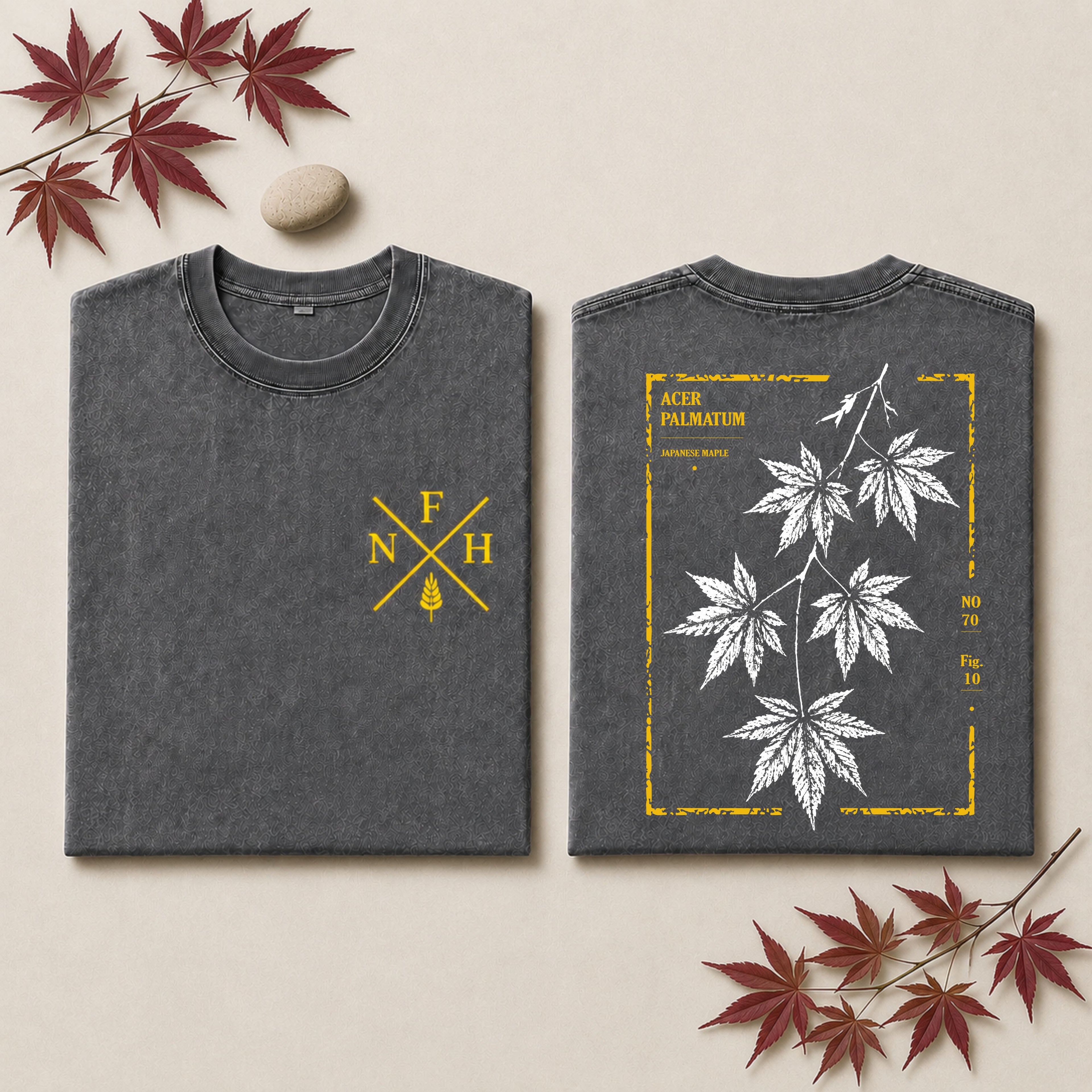 Two folded black graphic T-shirts displayed side by side on a light textured surface. The left shirt shows a large white fern leaf design with a gold rectangular border and text reading 'PTERIDIUM AQUELUM' and 'COLDWATER FERN'.