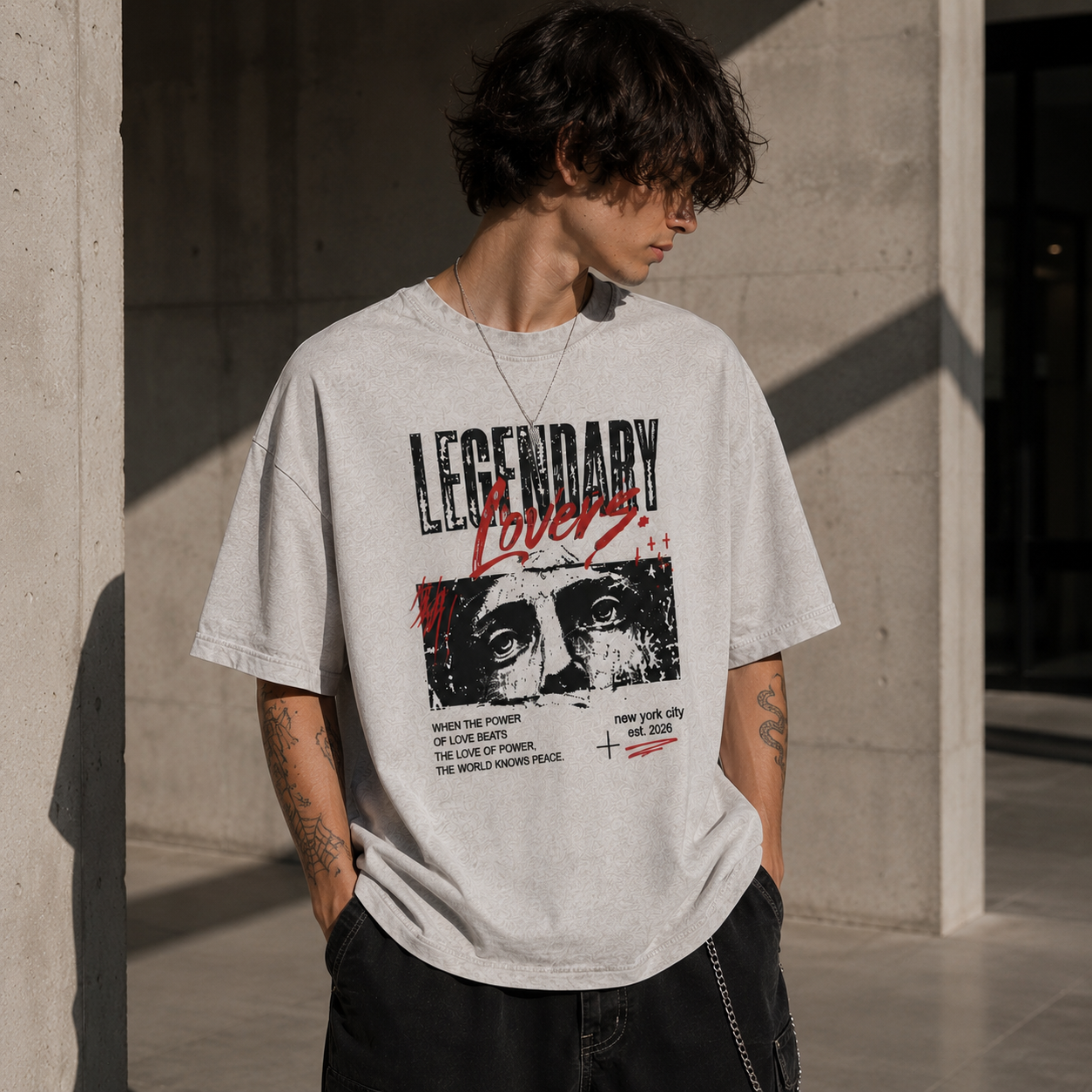 Young man wearing the Legendary Lovers oversized graphic T-shirt in Light Grey, styled in a modern minimalist streetwear setting.
