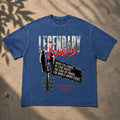 Dark Blue vintage washed oversized T-shirt laid flat featuring the Legendary Lovers graphic with distressed typography, industrial artwork, and grunge aesthetic. Premium heavyweight streetwear from Form Else Store.