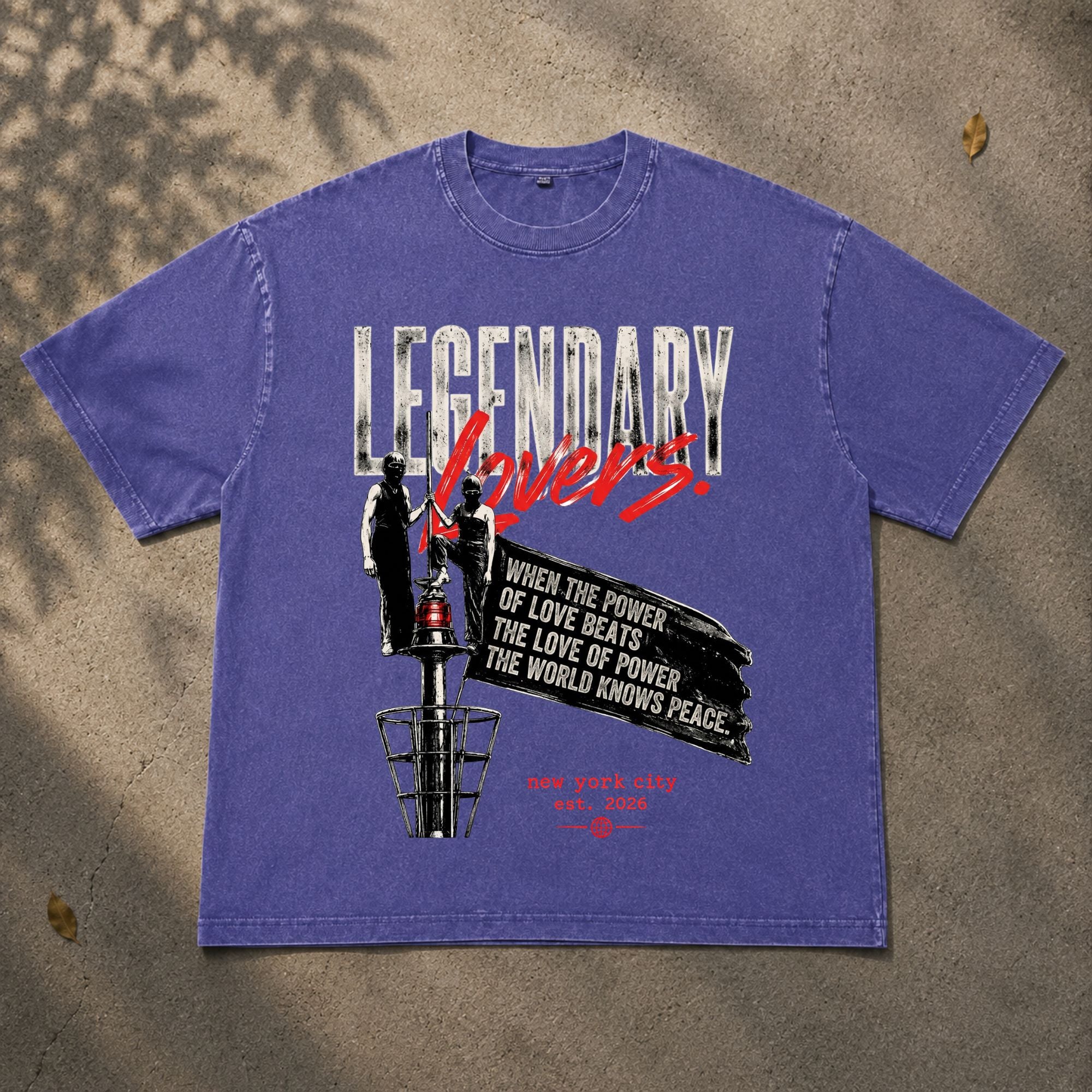 Purple Haze vintage washed oversized T-shirt laid flat featuring the Legendary Lovers graphic with distressed typography, industrial artwork, and grunge aesthetic. Premium heavyweight streetwear from Form Else Store.