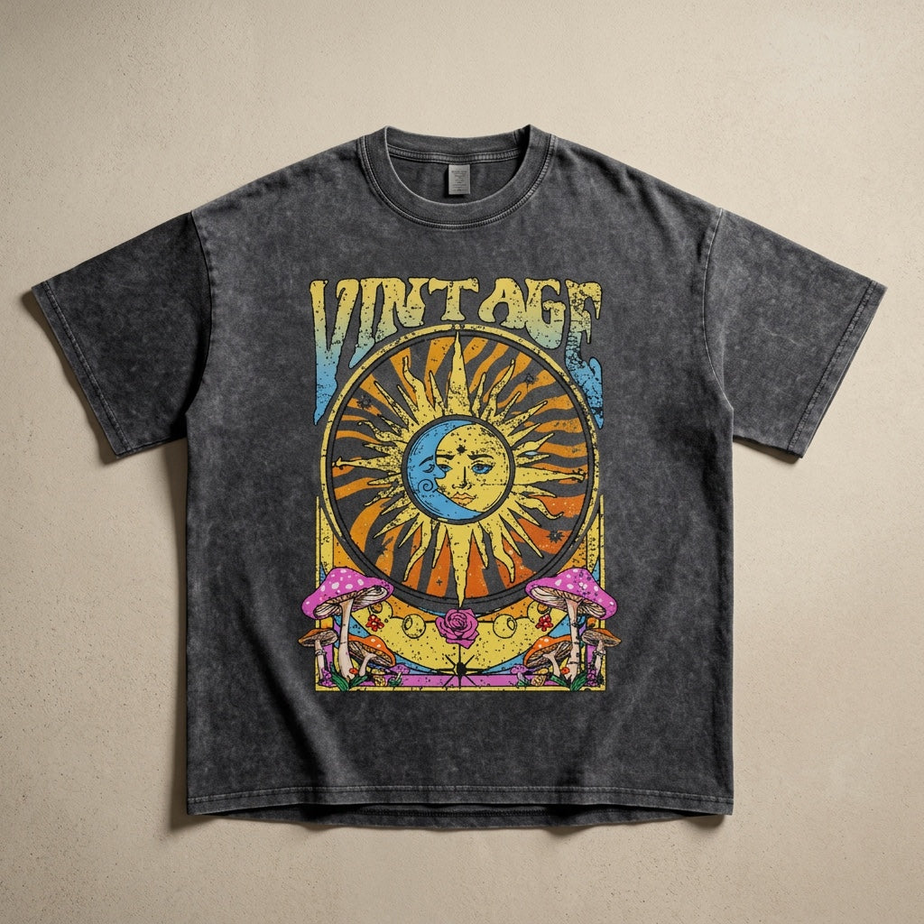 Pirate Grey vintage washed oversized t-shirt with celestial sun and moon graphic