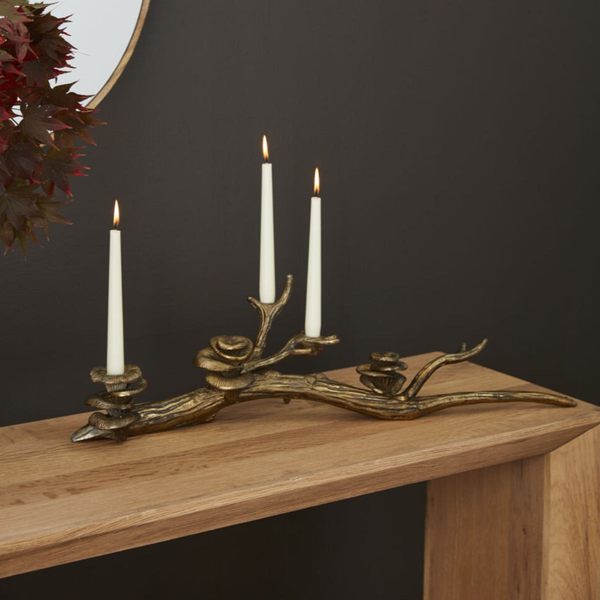 Oyster Mushroom Candleholder styled with taper candles on a console table