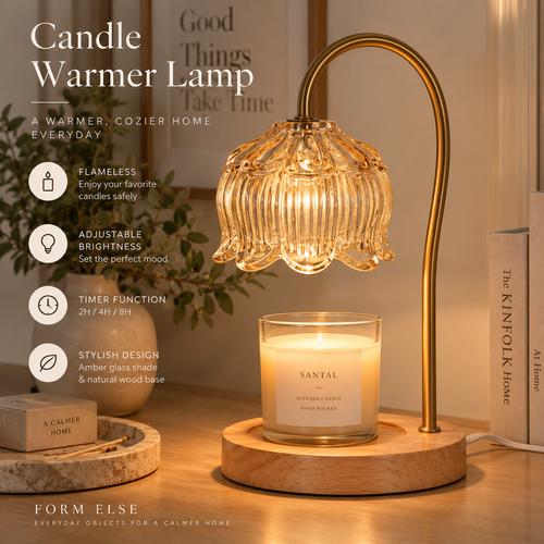Amber glass candle warmer lamp with natural wood base